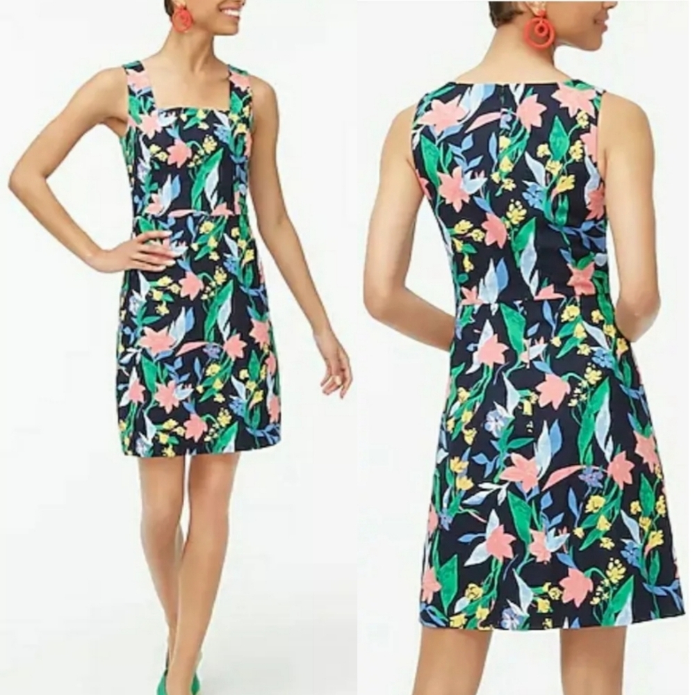 J. Crew Floral Basketweave‎ Sleeveless Square-neck Dress In Navy Multi Size 2